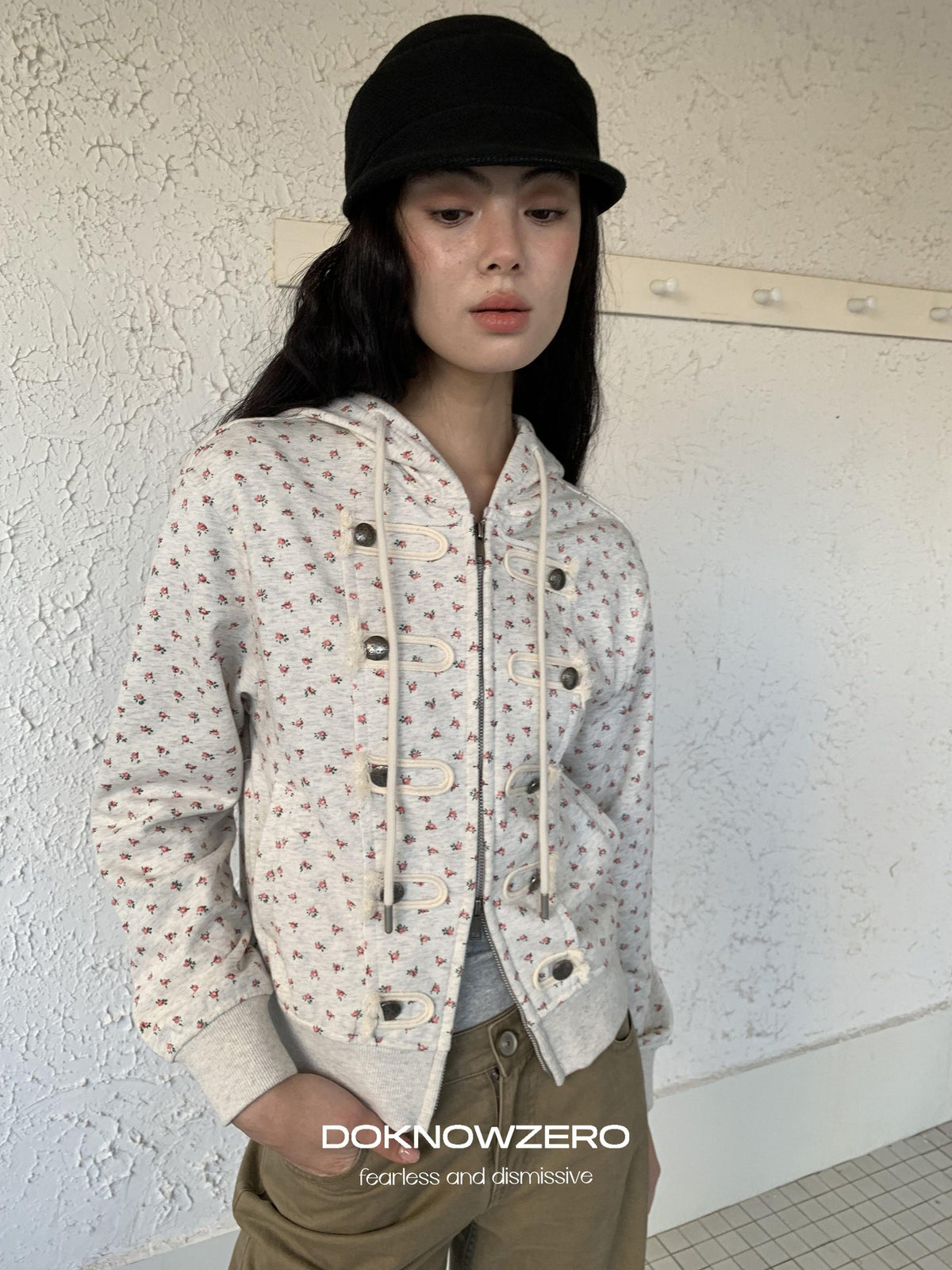 DKZ OFFICIAL Vintage Floral Print Hooded Zipper Women&