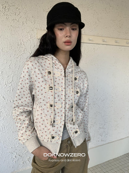 DKZ OFFICIAL Vintage Floral Print Hooded Zipper Women&