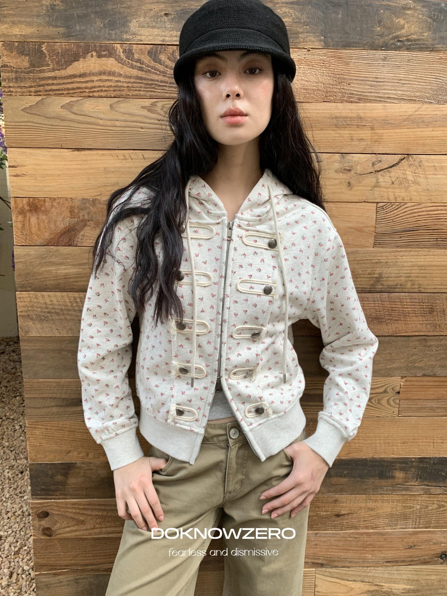 DKZ OFFICIAL Vintage Floral Print Hooded Zipper Women&