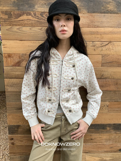 DKZ OFFICIAL Vintage Floral Print Hooded Zipper Women&
