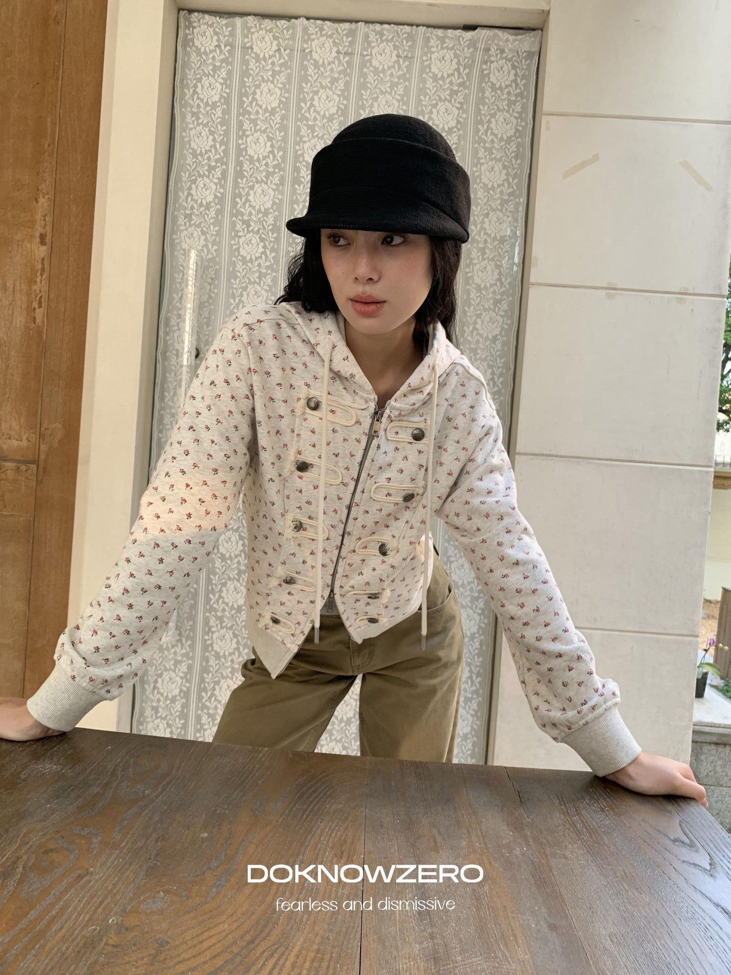 DKZ OFFICIAL Vintage Floral Print Hooded Zipper Women&