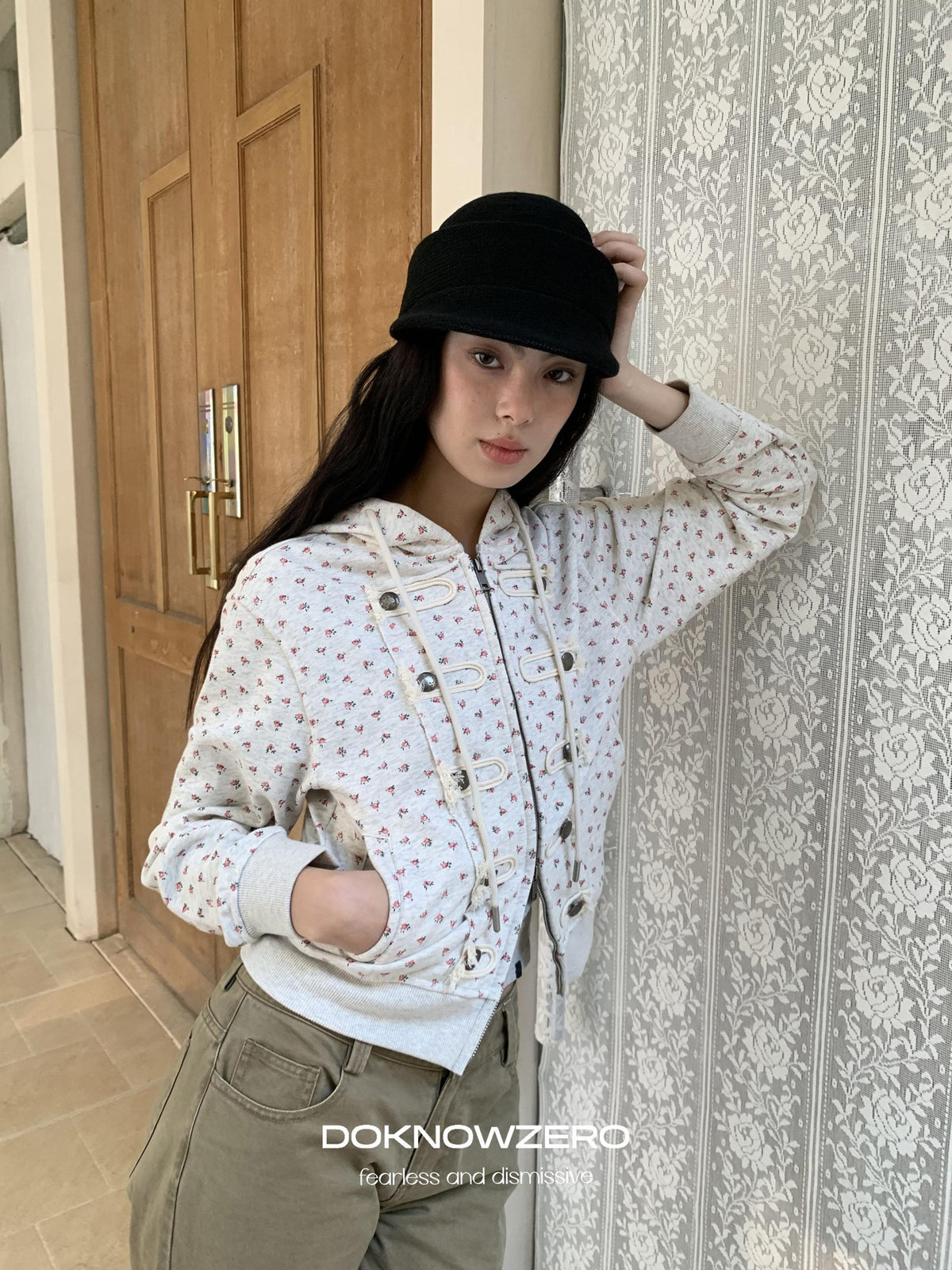 DKZ OFFICIAL Vintage Floral Print Hooded Zipper Women&