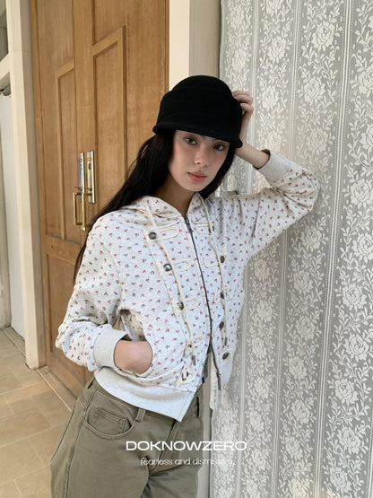DKZ OFFICIAL Vintage Floral Print Hooded Zipper Women&