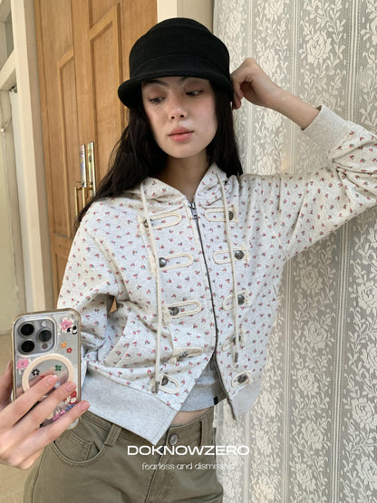 DKZ OFFICIAL Vintage Floral Print Hooded Zipper Women&