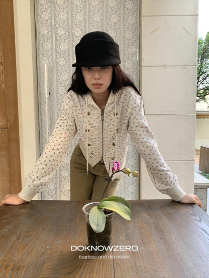 DKZ OFFICIAL Vintage Floral Print Hooded Zipper Women&