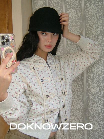 DKZ OFFICIAL Vintage Floral Print Hooded Zipper Women&
