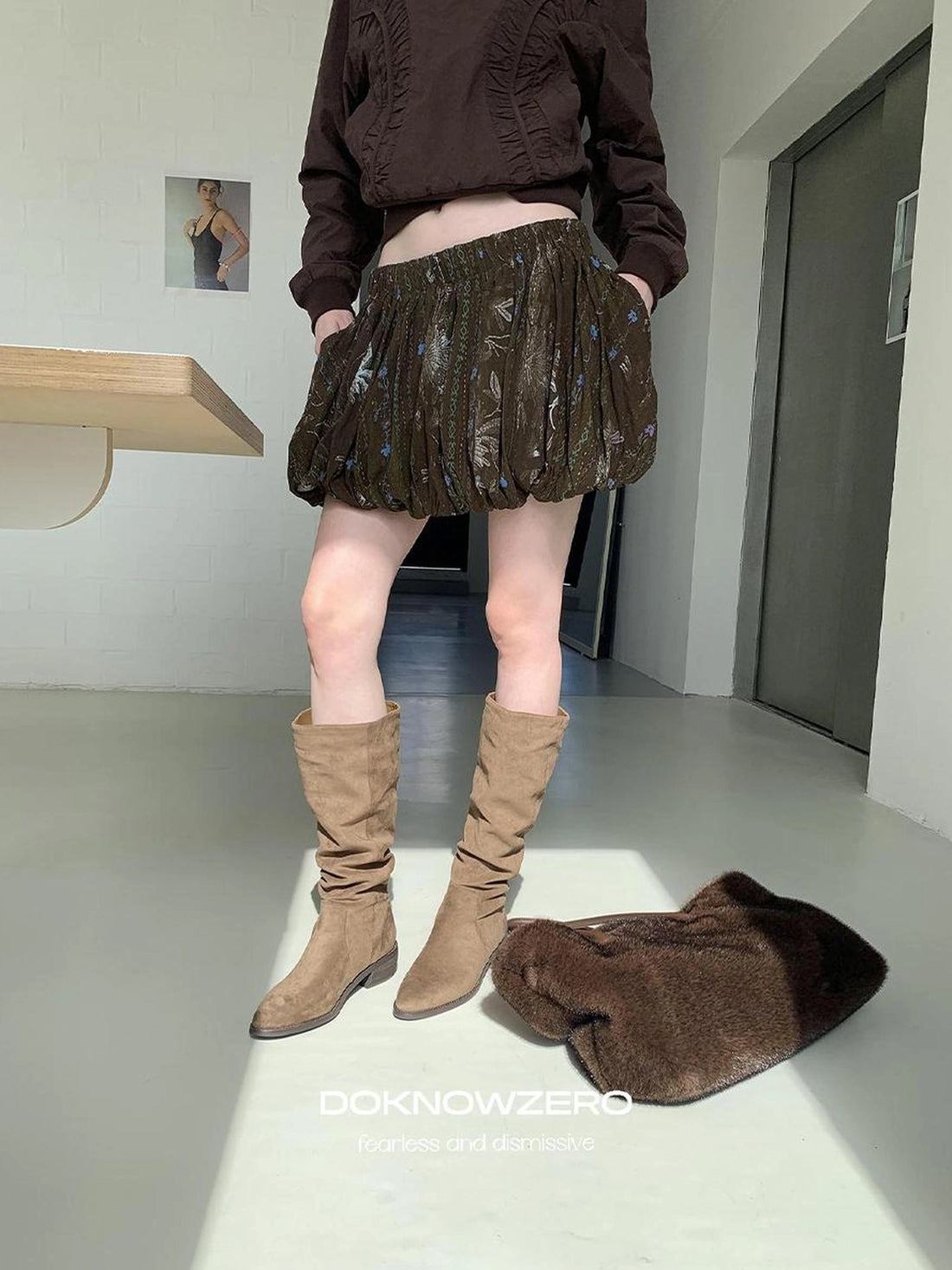DKZ OFFICIAL Vintage Floral Print Ruched Bubble Mini Skirt