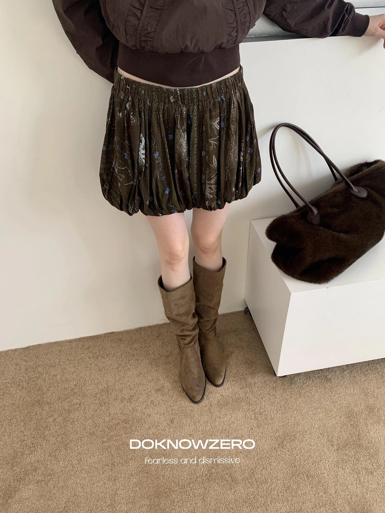 DKZ OFFICIAL Vintage Floral Print Ruched Bubble Mini Skirt