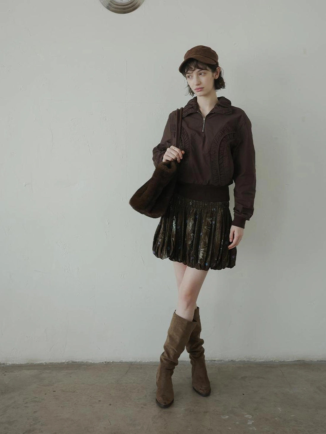 DKZ OFFICIAL Vintage Floral Print Ruched Bubble Mini Skirt
