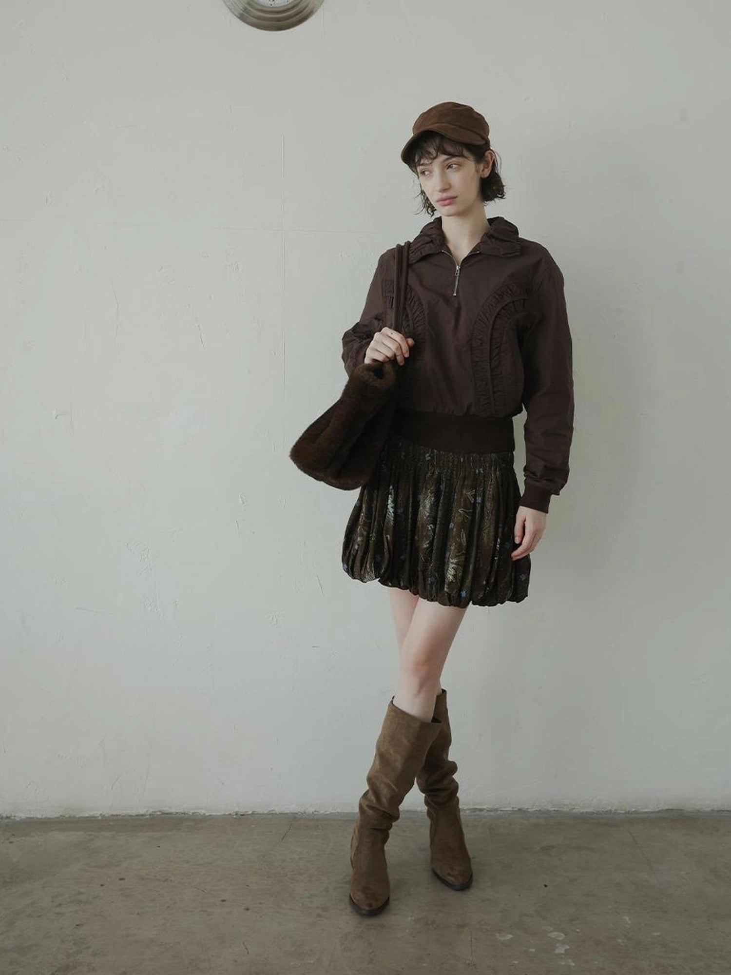 DKZ OFFICIAL Vintage Floral Print Ruched Bubble Mini Skirt