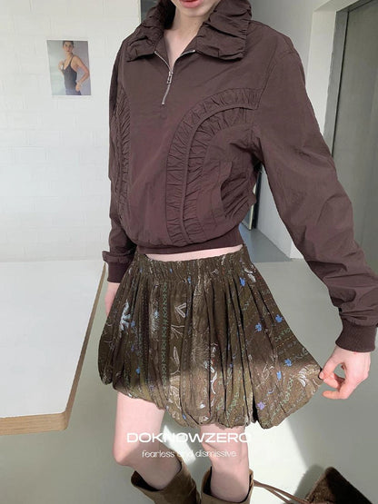 DKZ OFFICIAL Vintage Floral Print Ruched Bubble Mini Skirt