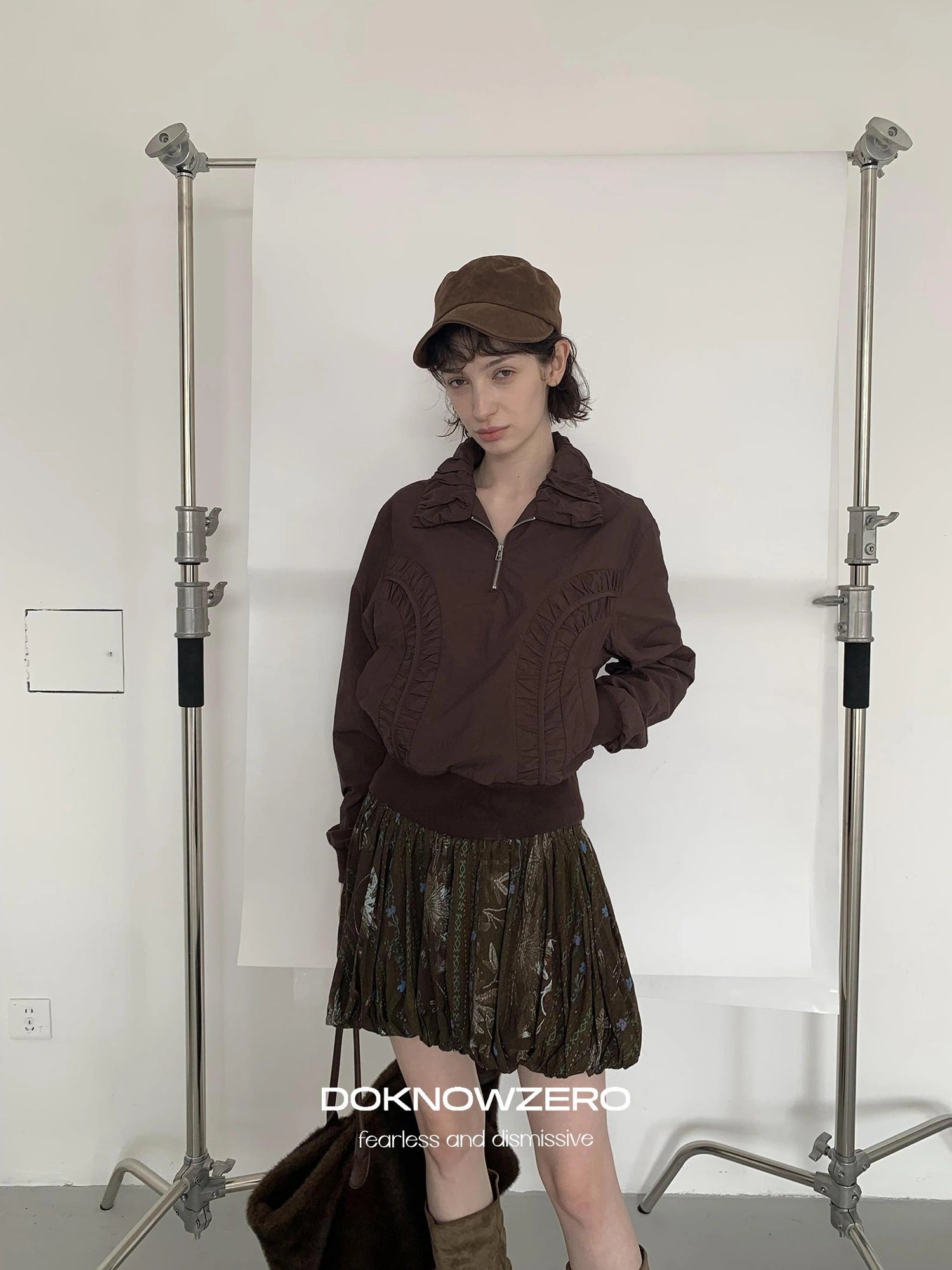 DKZ OFFICIAL Vintage Floral Print Ruched Bubble Mini Skirt