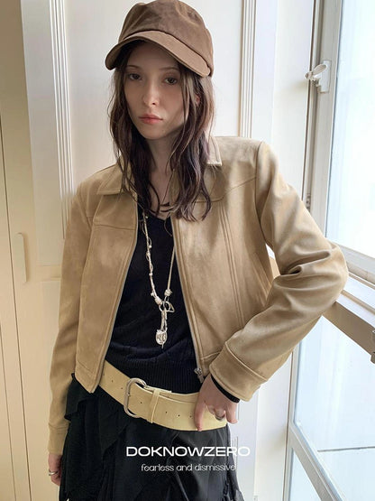 DKZ OFFICIAL Vintage Khaki Short Suede Jacket For Women