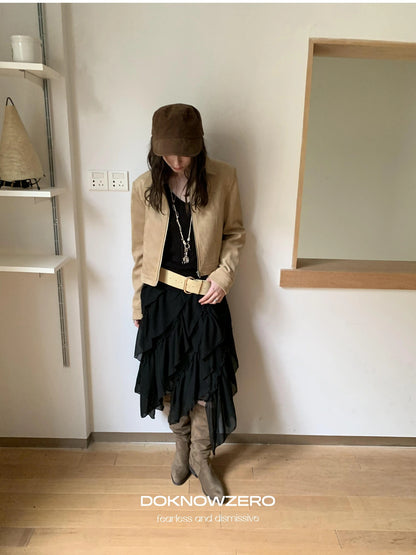 DKZ OFFICIAL Vintage Khaki Short Suede Jacket For Women
