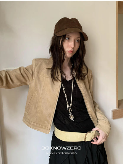 DKZ OFFICIAL Vintage Khaki Short Suede Jacket For Women