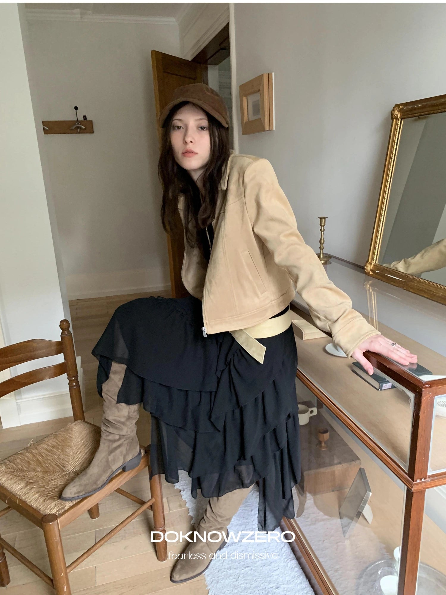 DKZ OFFICIAL Vintage Khaki Short Suede Jacket For Women