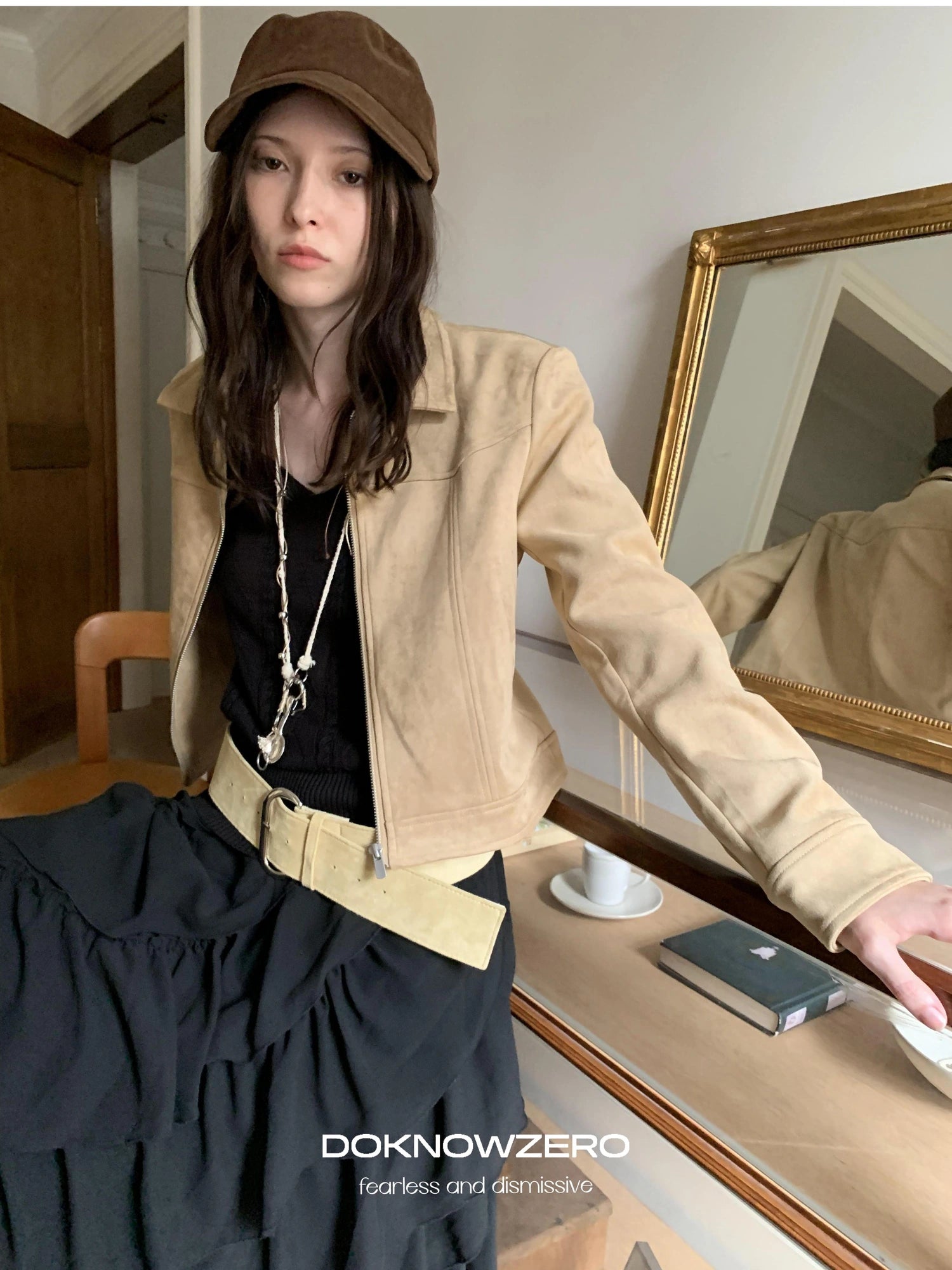 DKZ OFFICIAL Vintage Khaki Short Suede Jacket For Women
