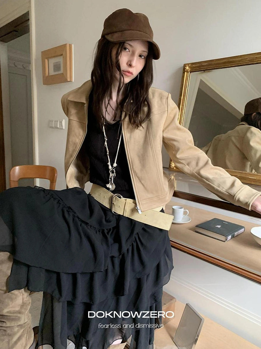 DKZ OFFICIAL Vintage Khaki Short Suede Jacket For Women