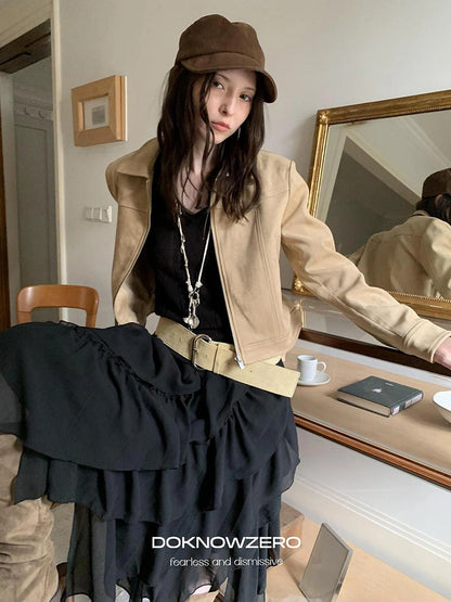 DKZ OFFICIAL Vintage Khaki Short Suede Jacket For Women