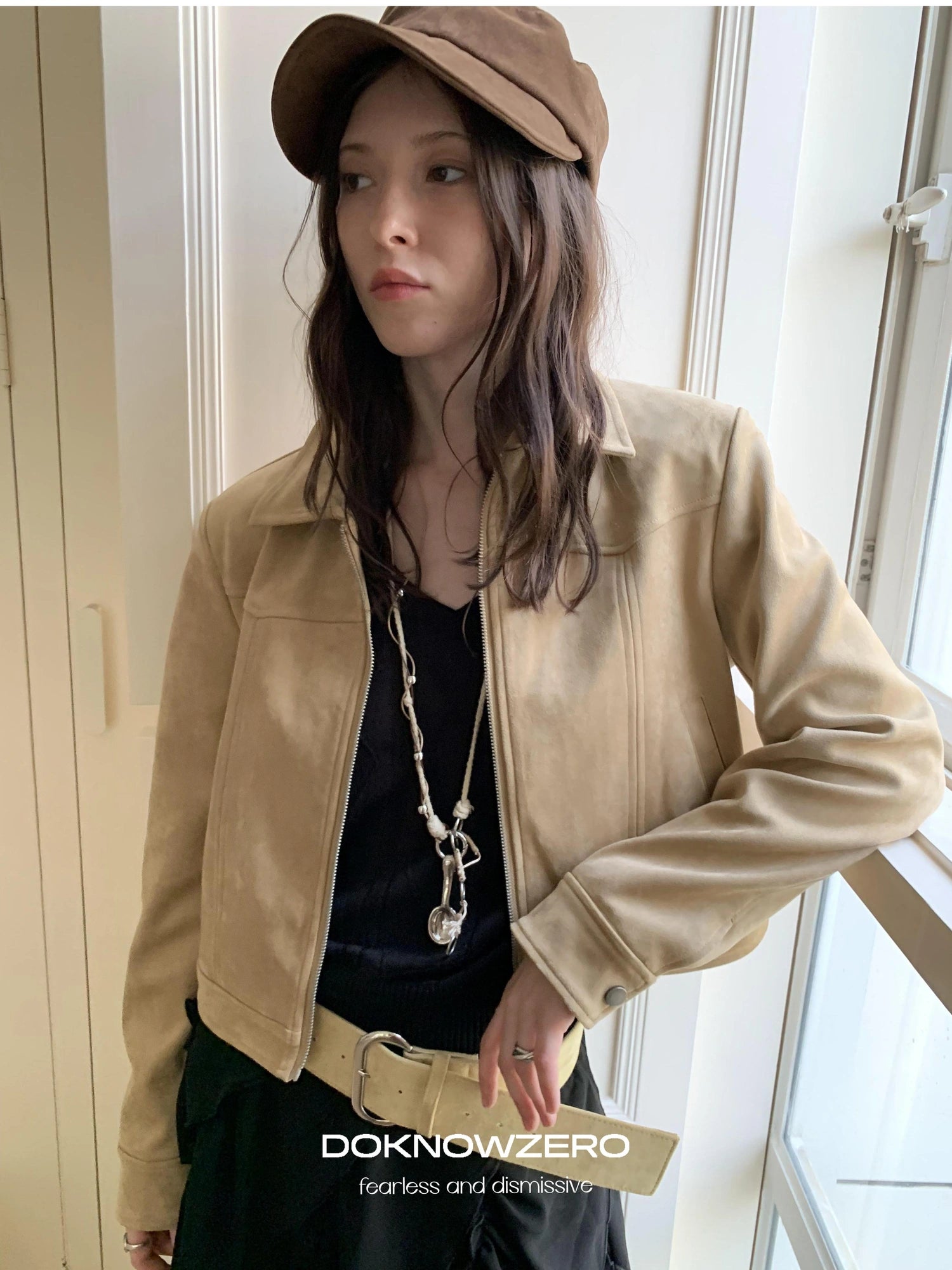 DKZ OFFICIAL Vintage Khaki Short Suede Jacket For Women
