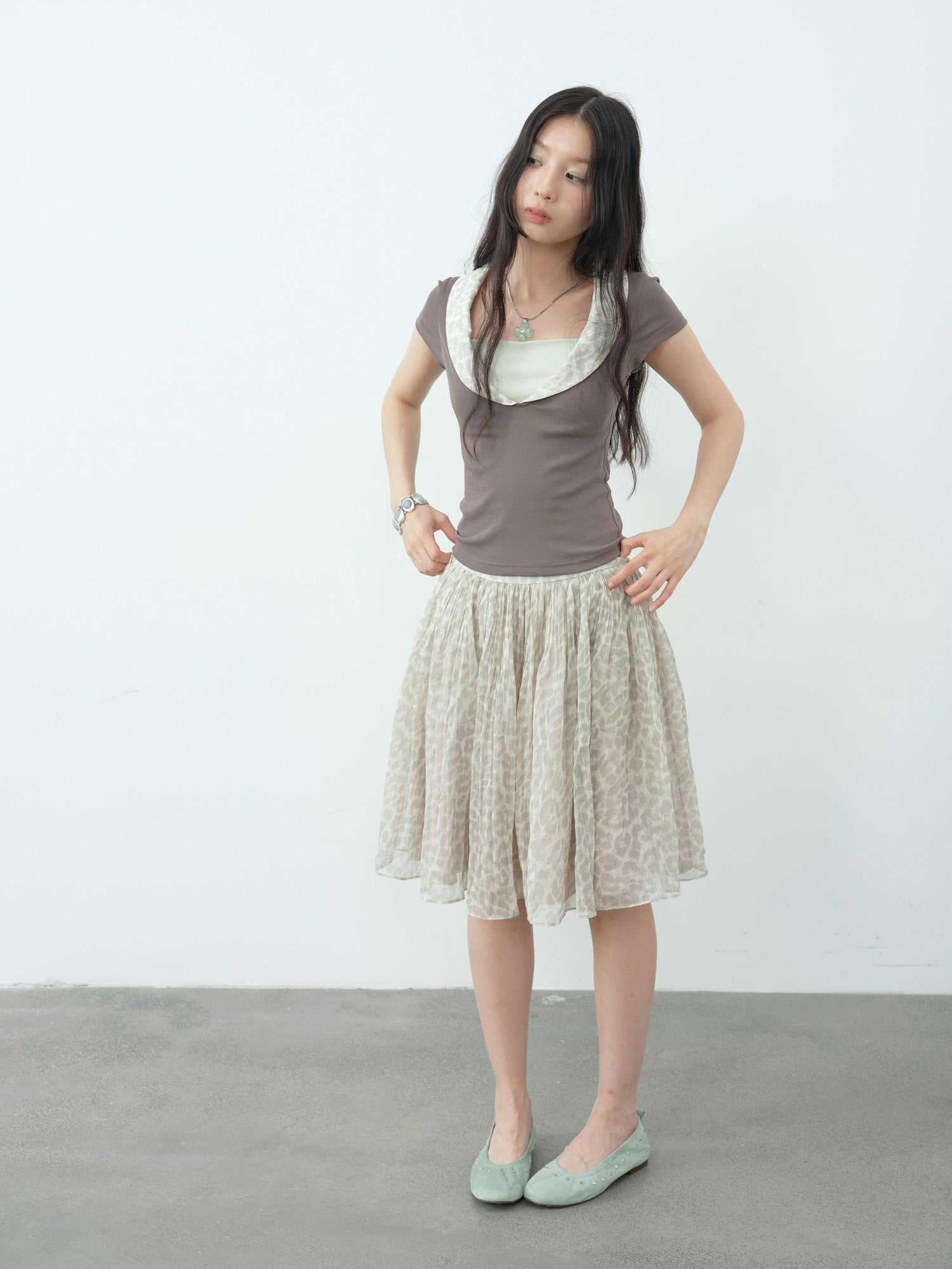 DKZ OFFICIAL Vintage Leopard Pleated Tulle Puff Women&