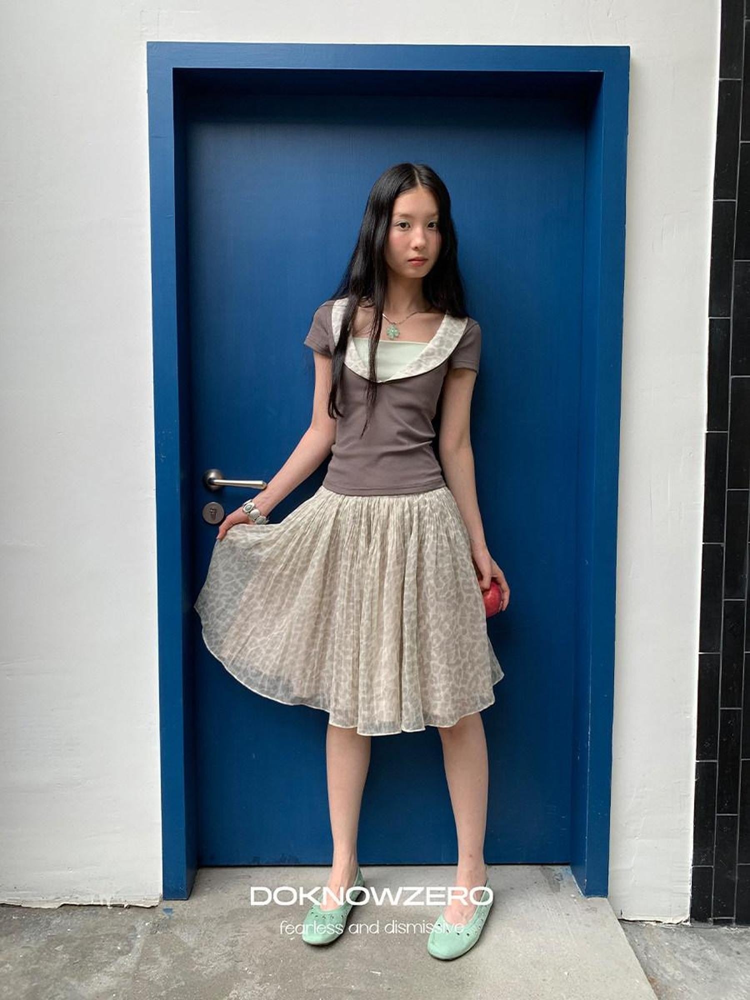 DKZ OFFICIAL Vintage Leopard Pleated Tulle Puff Women&