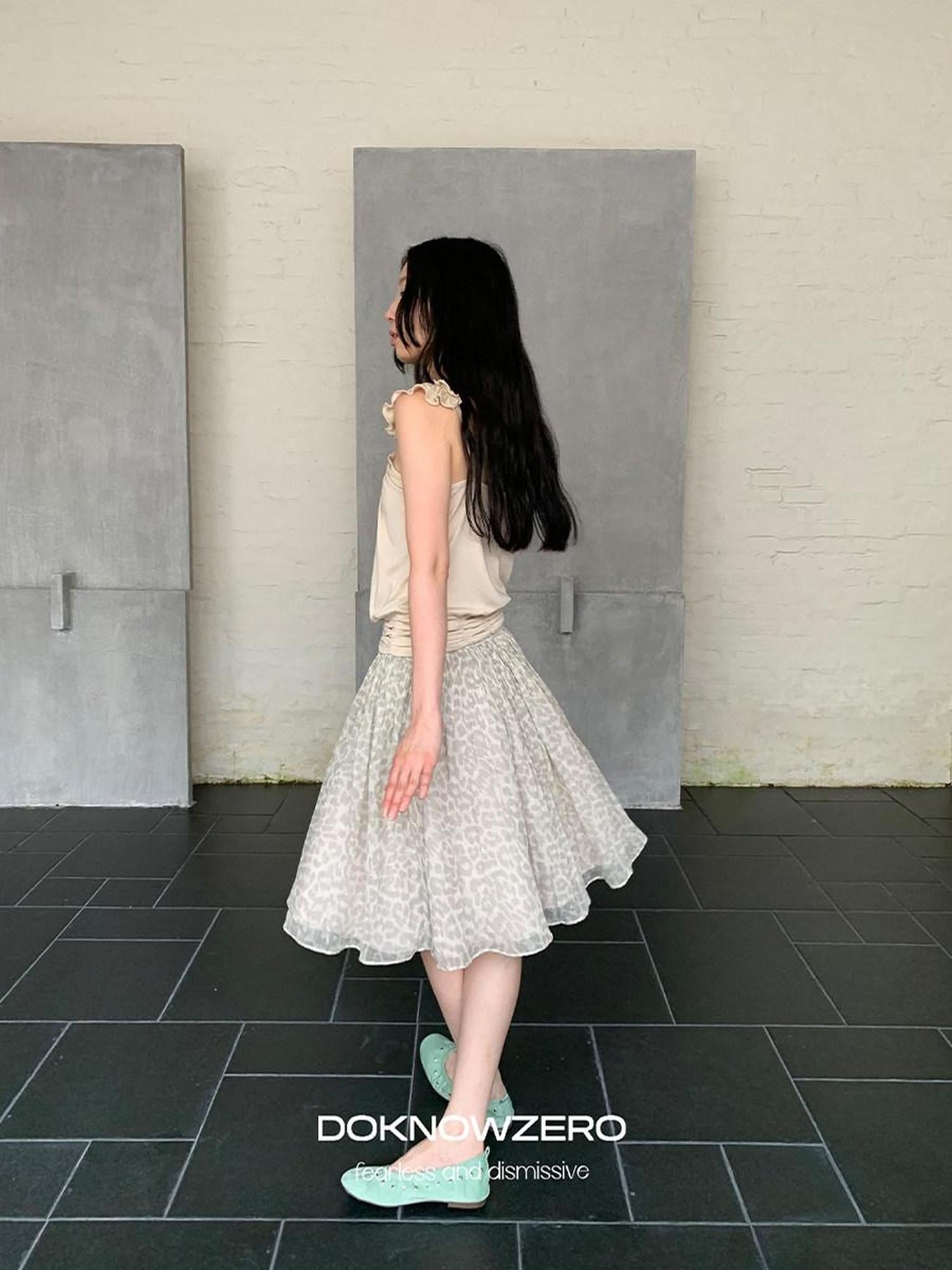 DKZ OFFICIAL Vintage Leopard Pleated Tulle Puff Women&