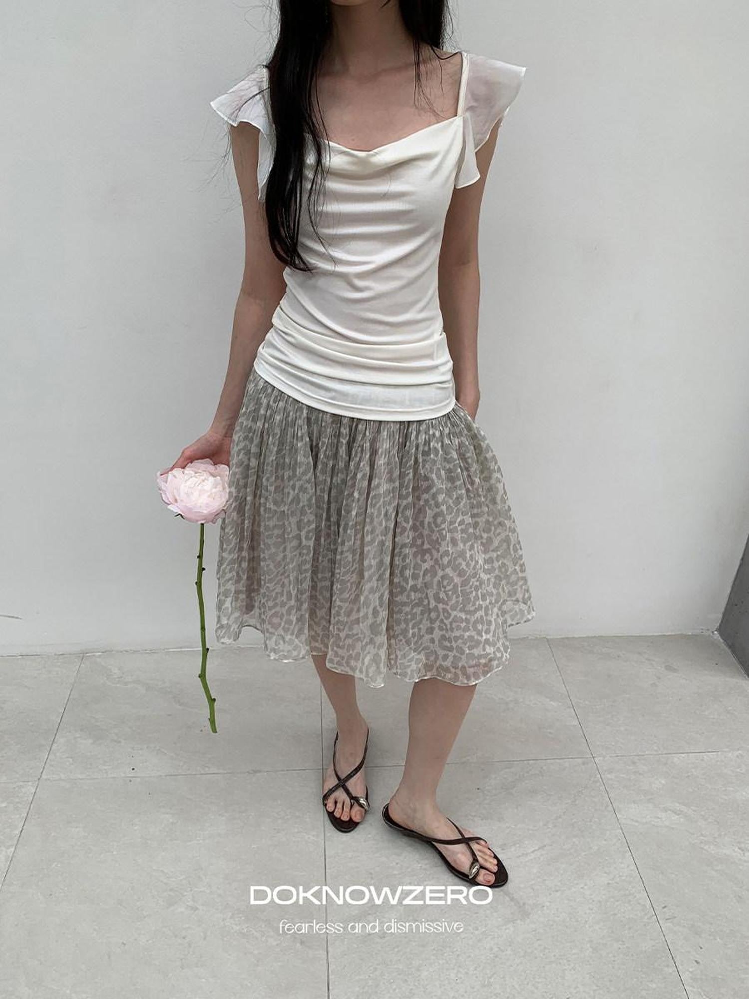 DKZ OFFICIAL Vintage Leopard Pleated Tulle Puff Women&