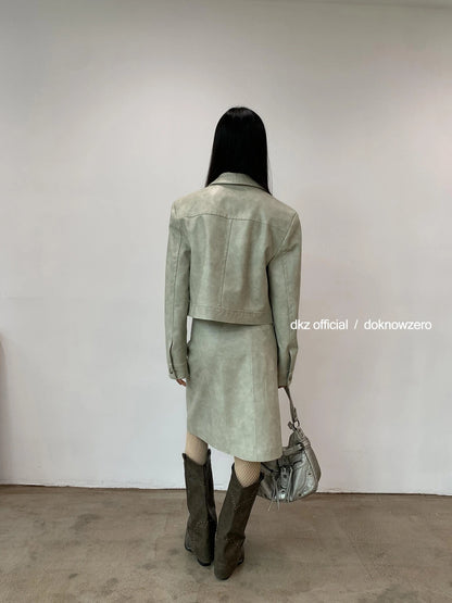 DKZ OFFICIAL Vintage PU Leather Midi Skirt With Distressed Finish