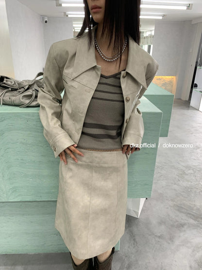 DKZ OFFICIAL Vintage PU Leather Midi Skirt With Distressed Finish