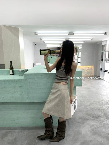 DKZ OFFICIAL Vintage PU Leather Midi Skirt With Distressed Finish
