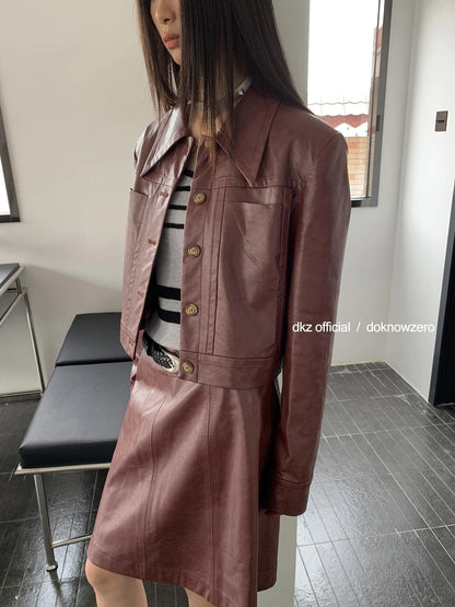 DKZ OFFICIAL Vintage PU Leather Midi Skirt With Distressed Finish