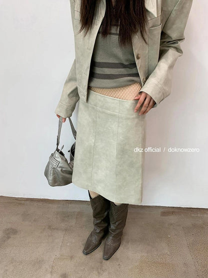 DKZ OFFICIAL Vintage PU Leather Midi Skirt With Distressed Finish