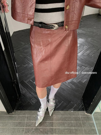 DKZ OFFICIAL Vintage PU Leather Midi Skirt With Distressed Finish