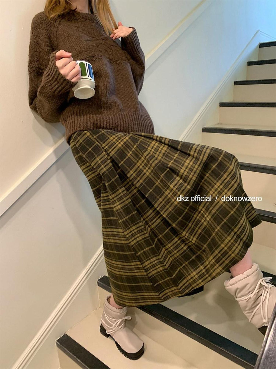 DKZ OFFICIAL Vintage Plaid A Line Midi Mid Waist Women&