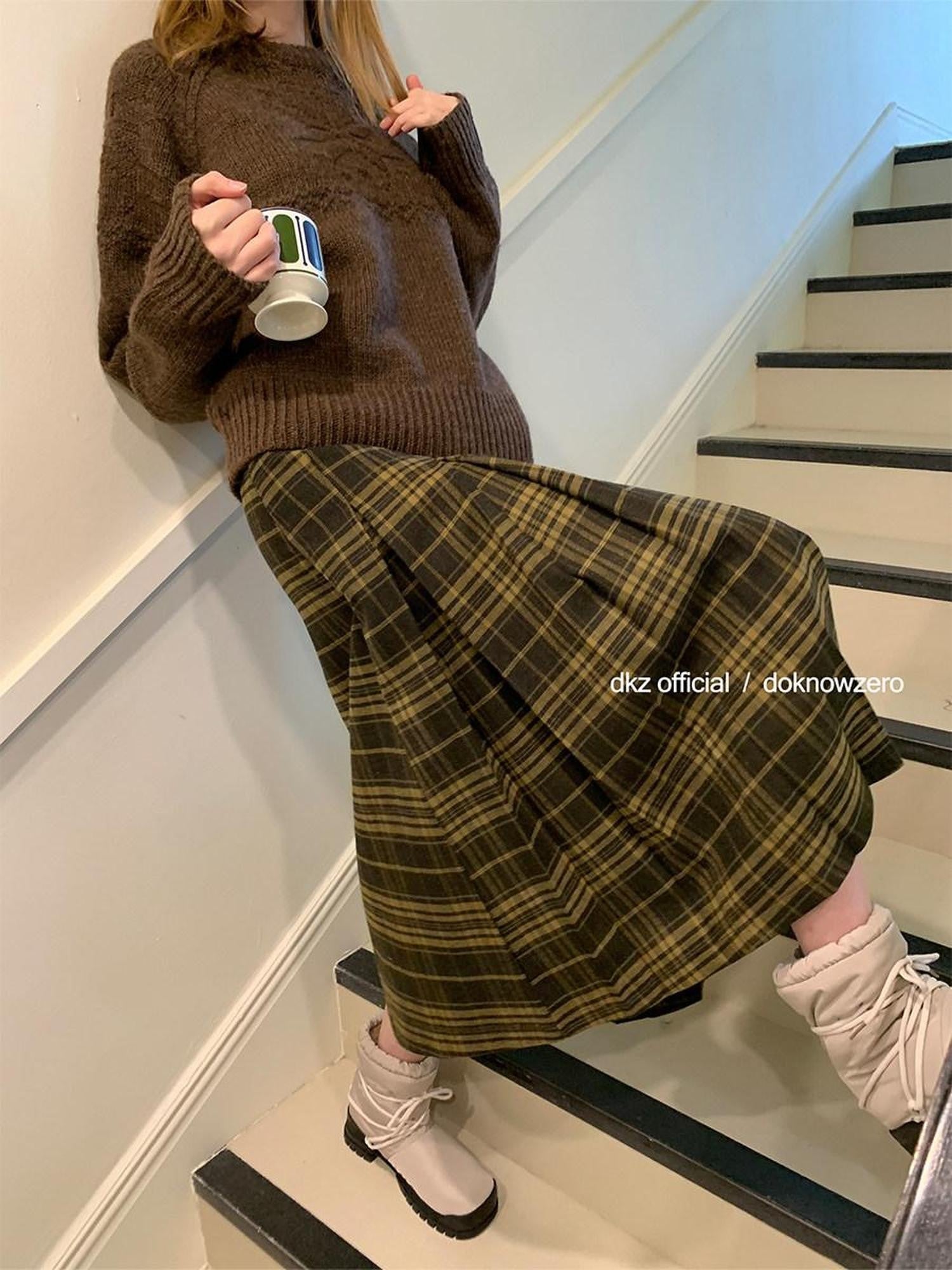 DKZ OFFICIAL Vintage Plaid A Line Midi Mid Waist Women&