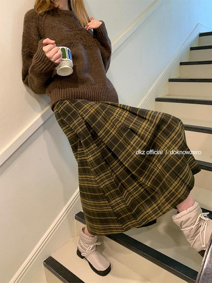 DKZ OFFICIAL Vintage Plaid A Line Midi Mid Waist Women&