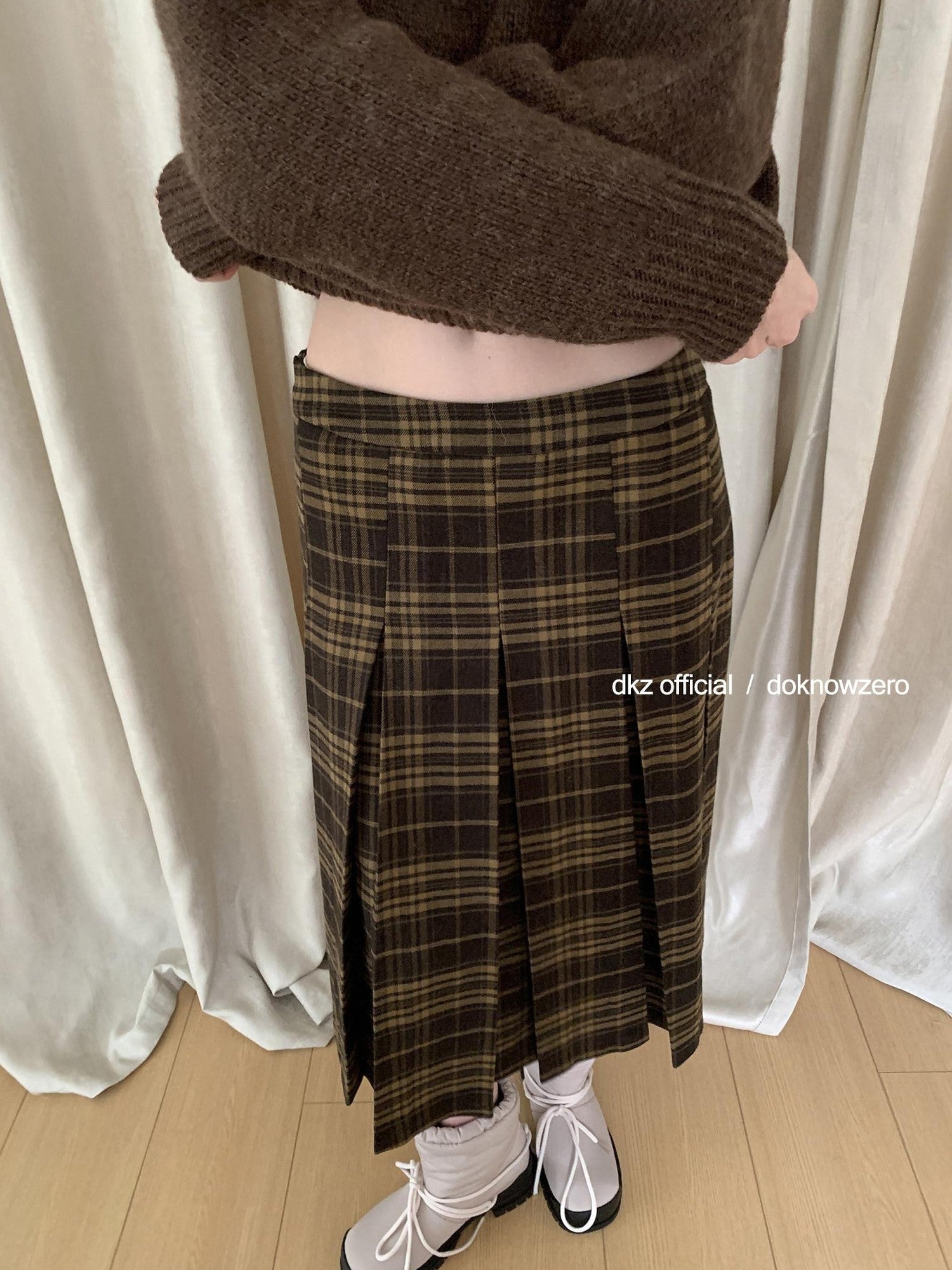 DKZ OFFICIAL Vintage Plaid A Line Midi Mid Waist Women&