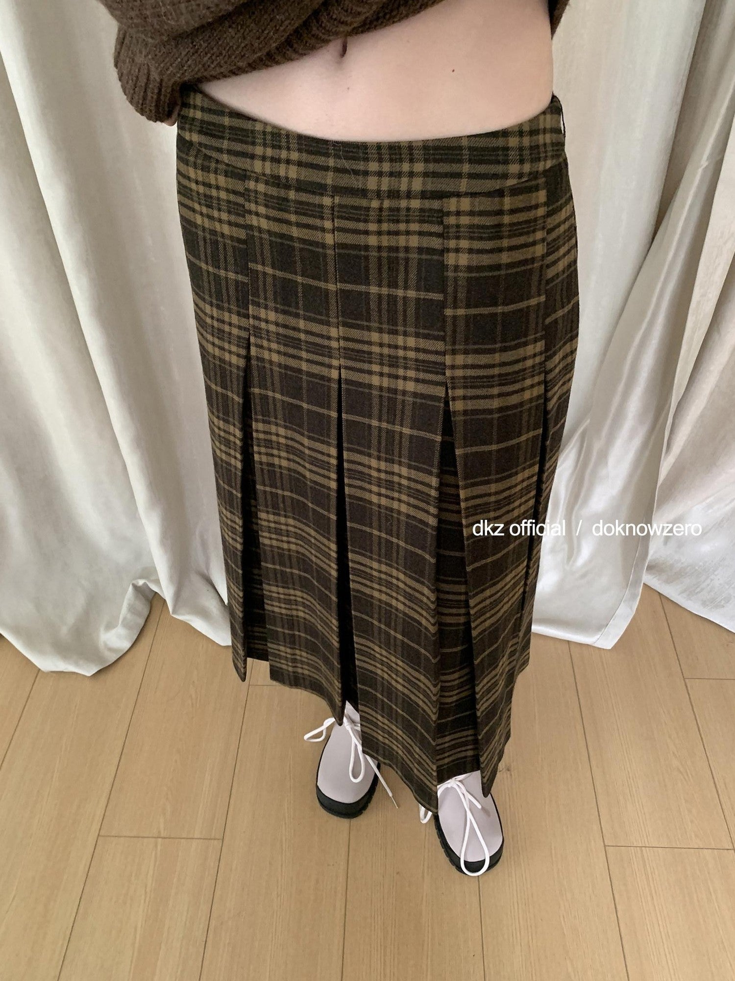 DKZ OFFICIAL Vintage Plaid A Line Midi Mid Waist Women&