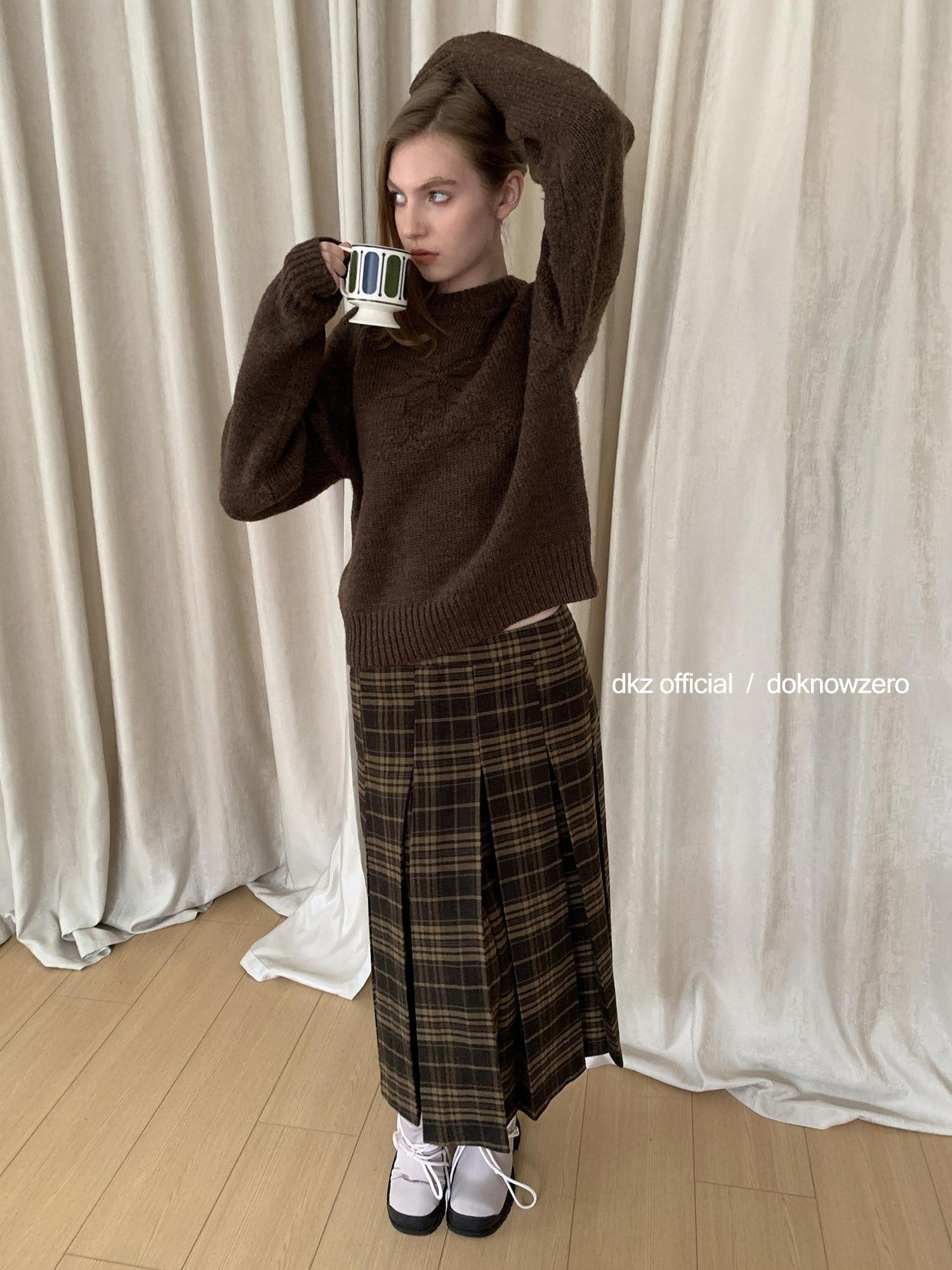 DKZ OFFICIAL Vintage Plaid A Line Midi Mid Waist Women&