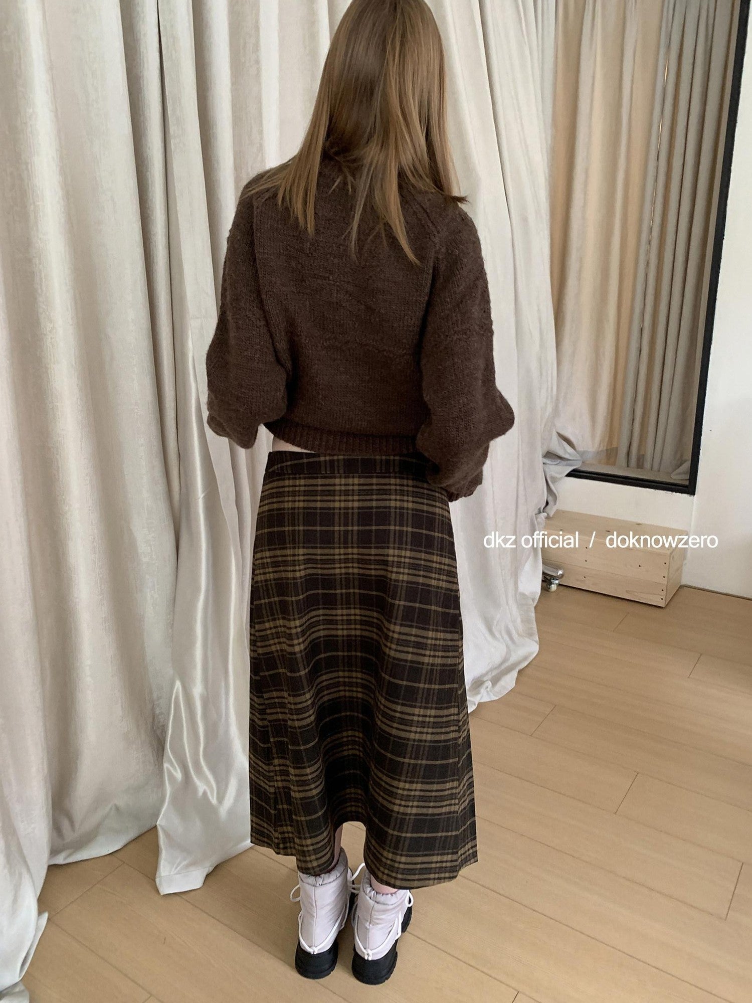 DKZ OFFICIAL Vintage Plaid A Line Midi Mid Waist Women&