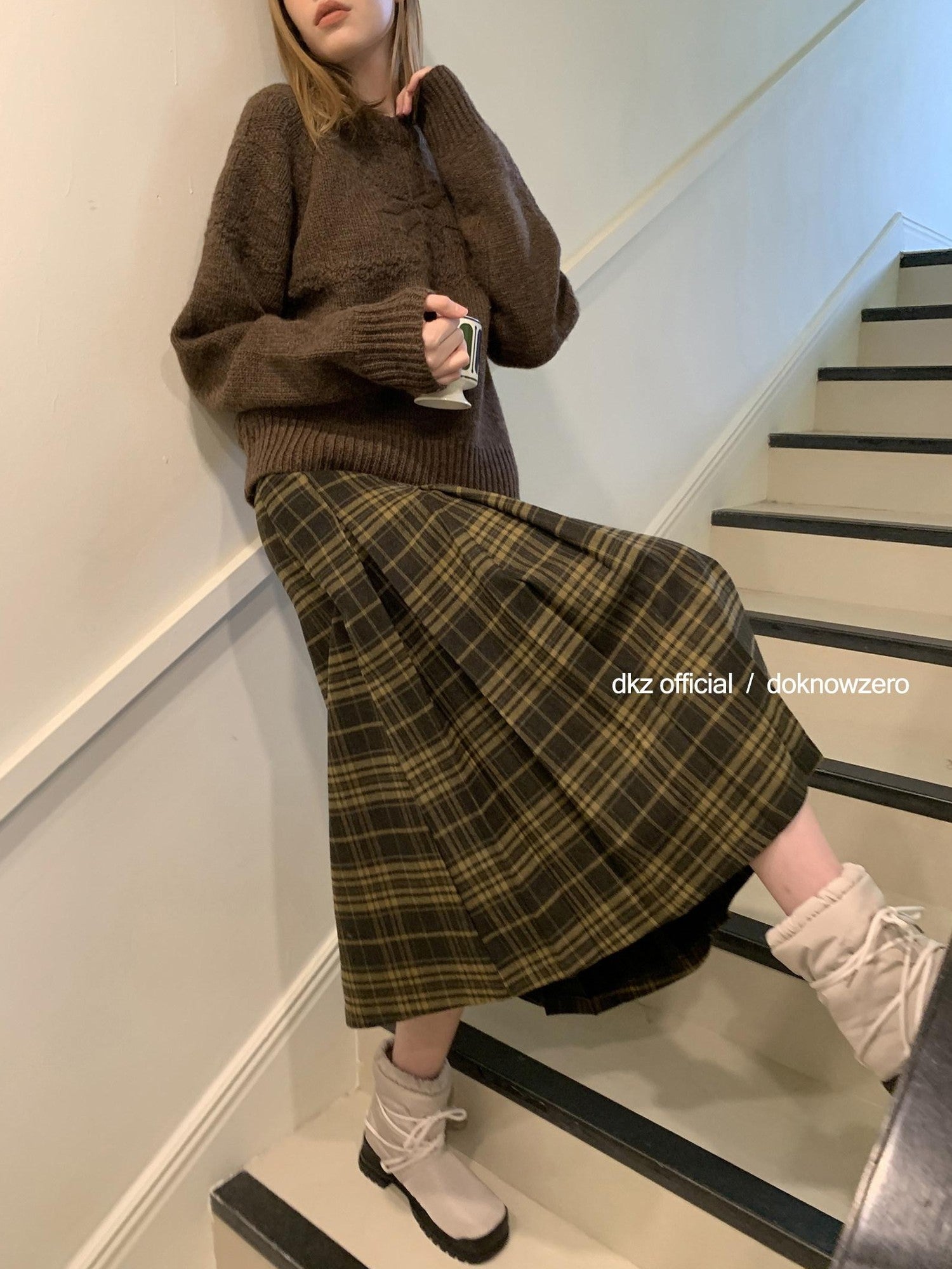 DKZ OFFICIAL Vintage Plaid A Line Midi Mid Waist Women&
