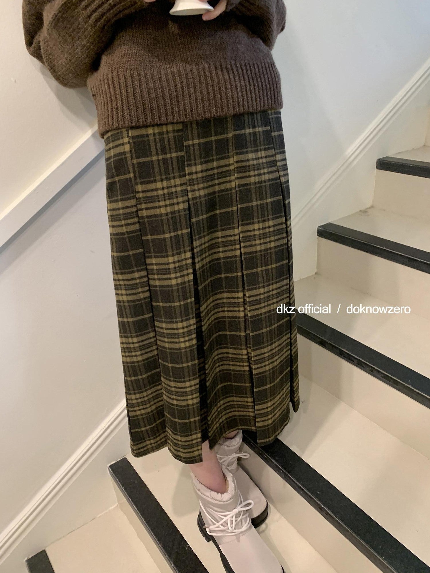 DKZ OFFICIAL Vintage Plaid A Line Midi Mid Waist Women&