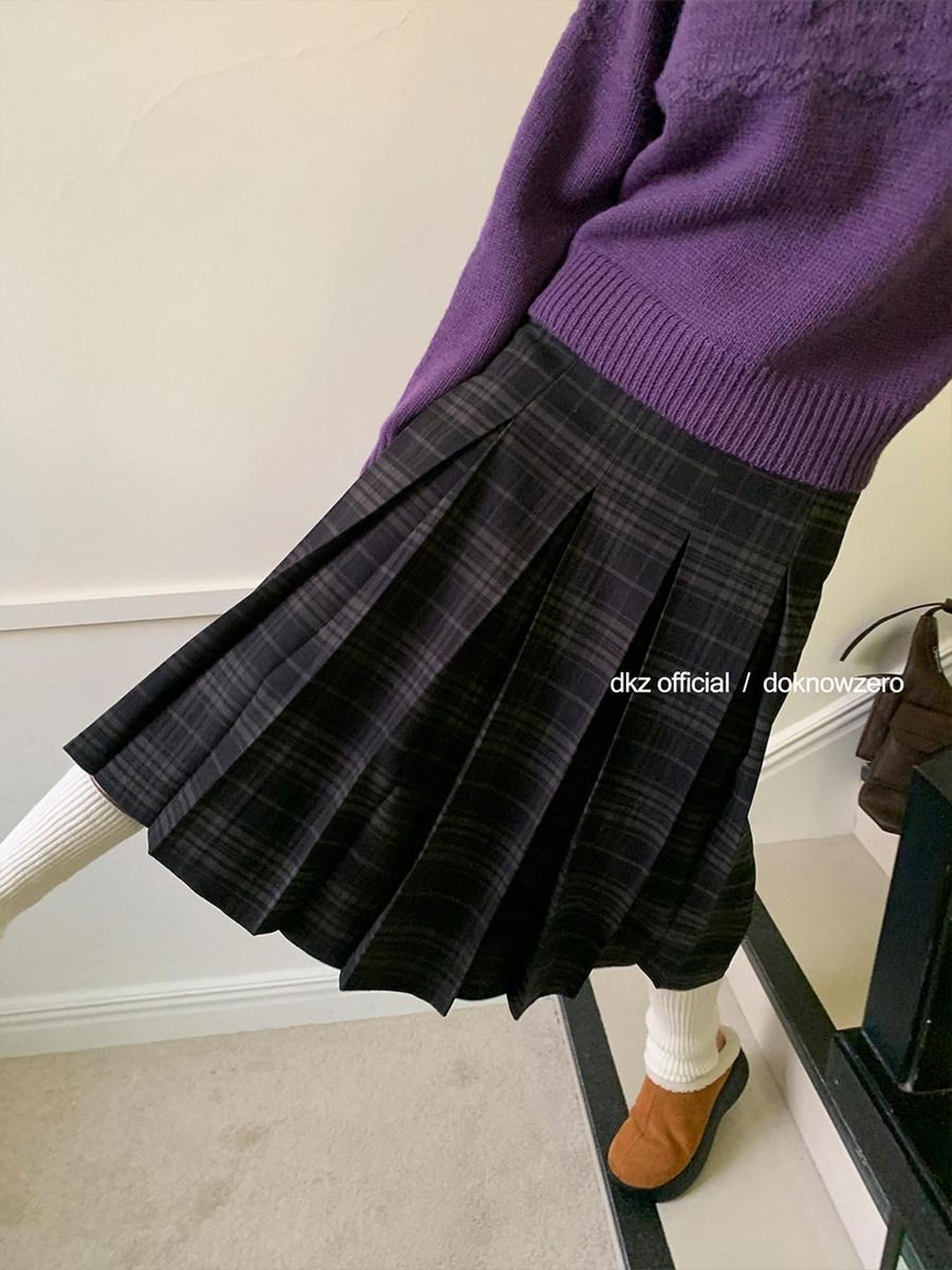 DKZ OFFICIAL Vintage Plaid A Line Midi Mid Waist Women&