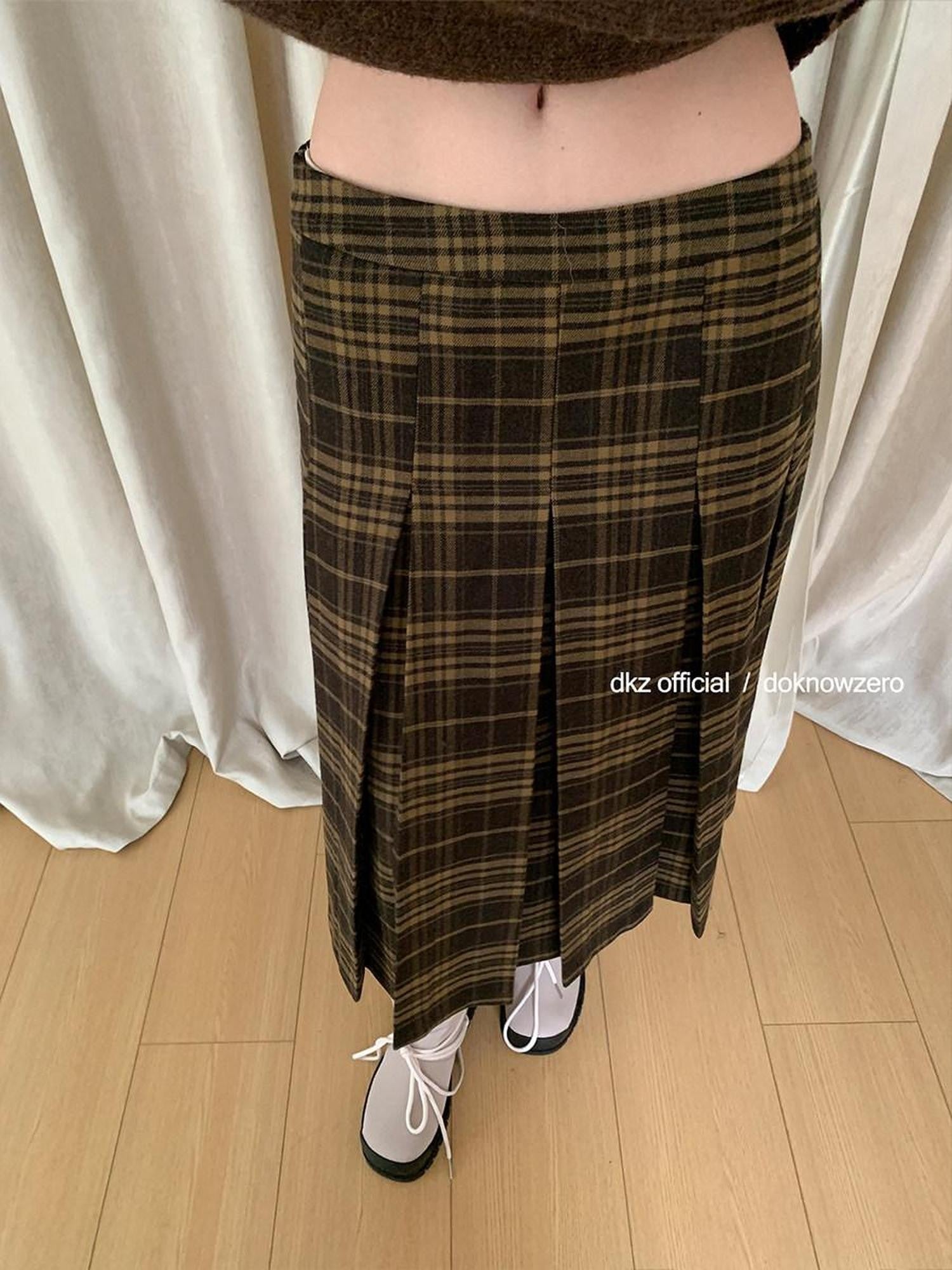 DKZ OFFICIAL Vintage Plaid A Line Midi Mid Waist Women&