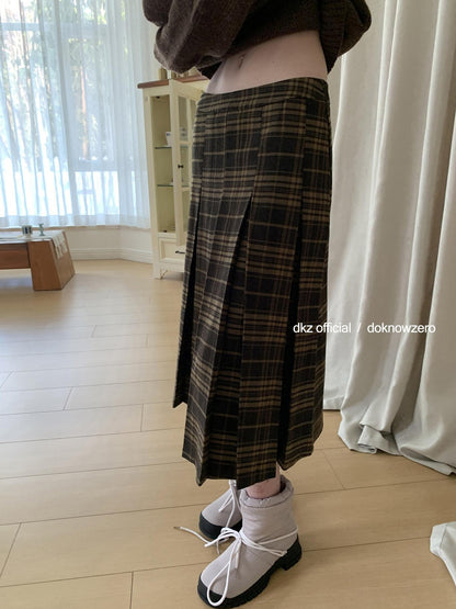 DKZ OFFICIAL Vintage Plaid A Line Midi Mid Waist Women&