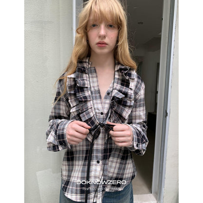 DKZ_OFFICIAL_Vintage_Plaid_Lace_Waist_Belt_Long_Sleeve_Loose_Women&