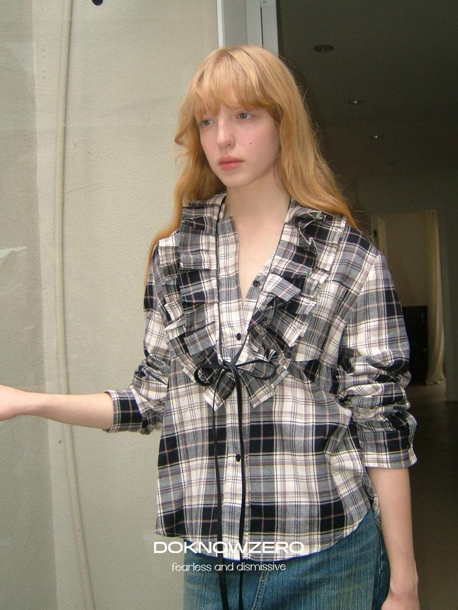 DKZ OFFICIAL Vintage Plaid Lace Waist Belt Long Sleeve Loose Women&