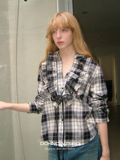 DKZ OFFICIAL Vintage Plaid Lace Waist Belt Long Sleeve Loose Women&