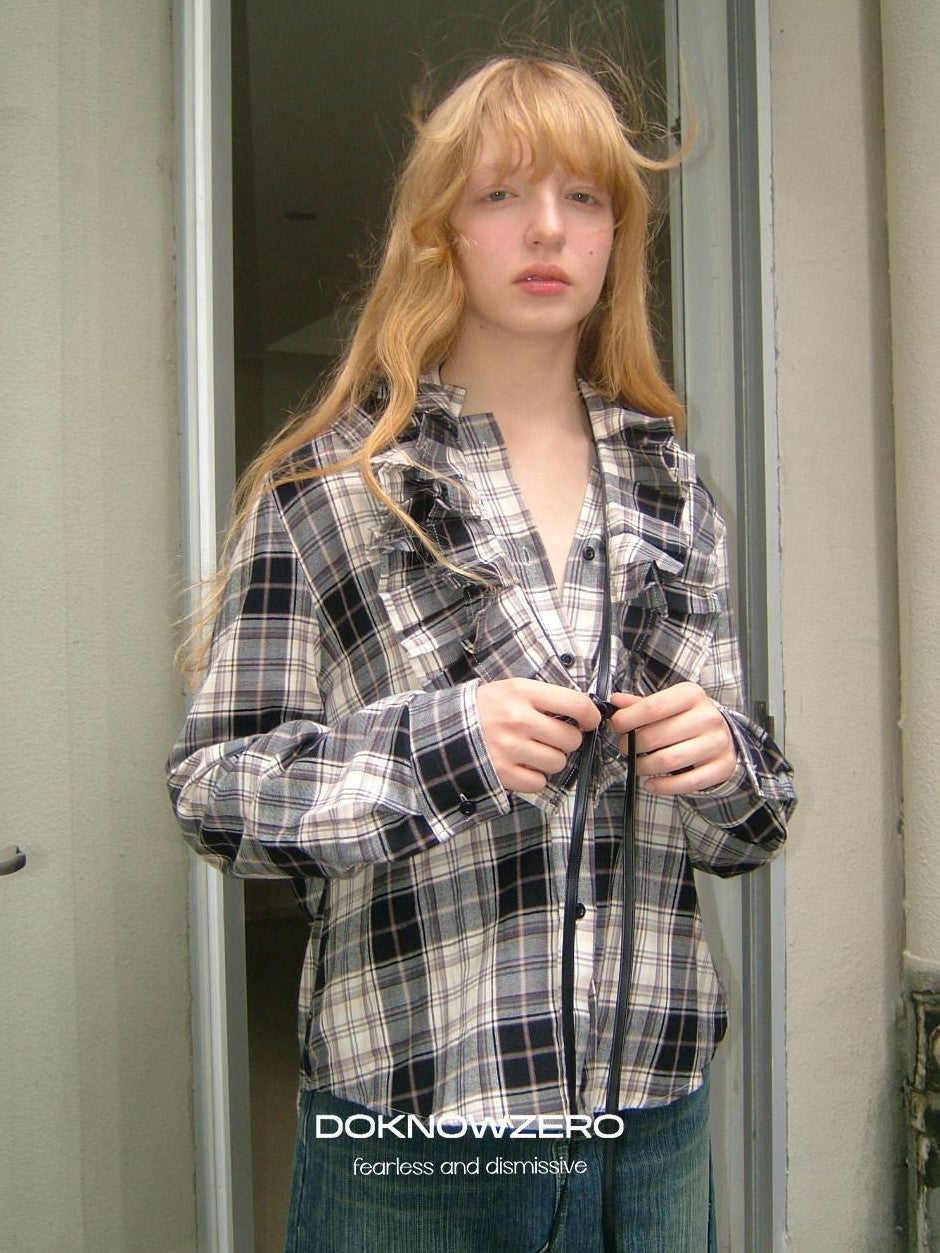 DKZ OFFICIAL Vintage Plaid Lace Waist Belt Long Sleeve Loose Women&
